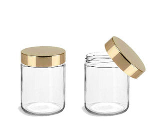 3 CLEAR LUXURY Flint Glass 4 Oz Empty Cosmetic Jars 120ml w/ Shiny GOLD Metallic Caps Body Butter, Sugar Scrubs, Conditioner