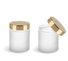 Load image into Gallery viewer, 1 Clear FROSTED GLASS 8 Oz Empty Cosmetic Jars 240ml w/ Shiny GOLD Metallic Upscale Caps
