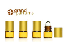 Load image into Gallery viewer, 100 Roll-On Amber Glass 1ml Bottle w/ STEEL Roller Ball SILVER CAPs  (1/30 Oz 1/4 Dram) RollerBall perfume Essential Oil Storage UV Protect