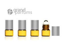 Load image into Gallery viewer, 100 Roll-On Amber Glass 1ml Bottle w/ STEEL Roller Ball SILVER CAPs  (1/30 Oz 1/4 Dram) RollerBall perfume Essential Oil Storage UV Protect