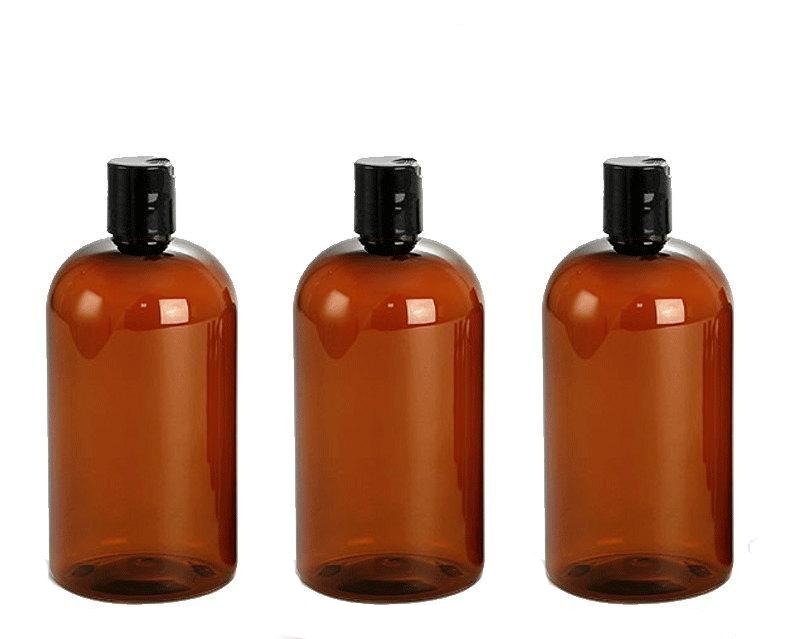 2 Amber 16 Oz BPA Free PET Plastic (480ml) Boston Round Bottles w/ Black Disc Cap for Cream Lotion, Shampoo, Conditioner, Private Label, DIY
