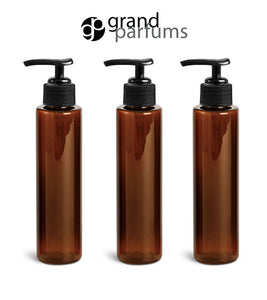 3 Amber 4 Oz Plastic Bottles 120ml MODERN PET Cylinder w/ Lotion Soap Pump SLEEK High End Private Label Packaging Spa Lotion Creams Haircare