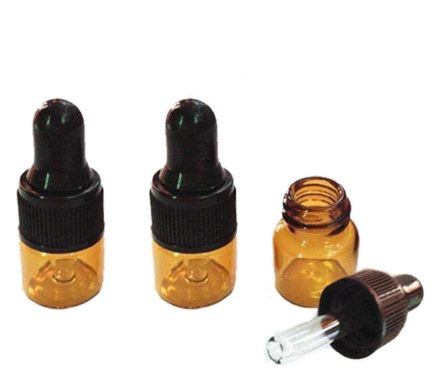 100 1ml AMBER Mini Glass Bottle Vials w/ Black Dropper 1 ml Vials Miniature Tester