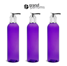 Load image into Gallery viewer, 3 Purple 8 Oz PET Plastic Cosmo Bottles w/ Shiny Silver Lotion Pump Dispenser Cap Shampoo Body Cream Modern Upscale Private Label  240ml
