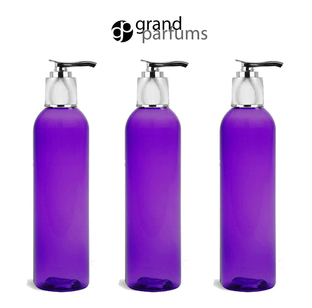 3 Purple 8 Oz PET Plastic Cosmo Bottles w/ Shiny Silver Lotion Pump Dispenser Cap Shampoo Body Cream Modern Upscale Private Label  240ml