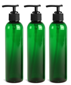 3 Empty Lotion Pump Bottles - Sanitizer Gel Refillable GREEN 8 Oz BLACK Pump
