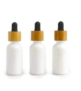 12 Dropper Bottles BLACK MATTE Glass 30ml with BAMBOO Caps 1 Oz Boston Round White or Black Bulbs